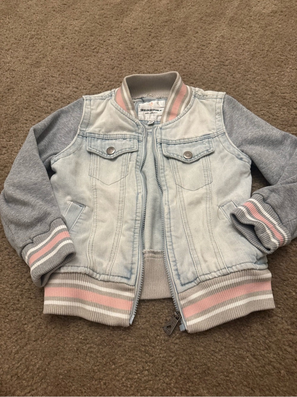 Urban Republic Light Wash Denim Jacket with Grey Sleeves and Pink Trim - Kids